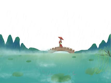 绿色手绘古风水墨清明柳树风景山水清明节元素png素材