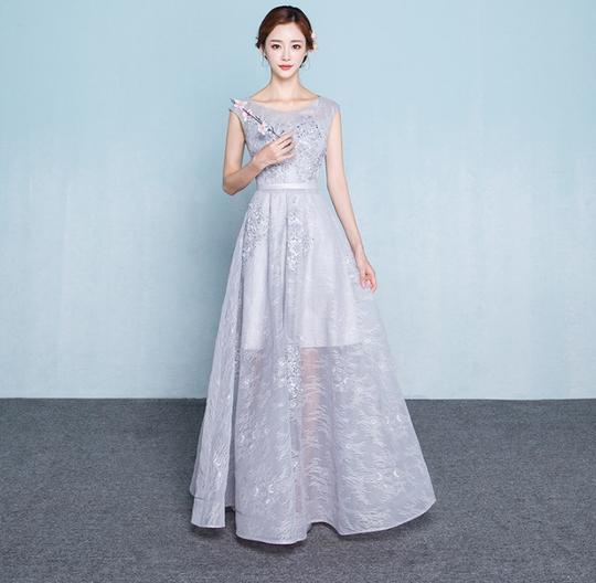长款晚礼服灰色婚纱长裙新娘结婚敬酒服伴娘姐妹裙晚宴会主持演出