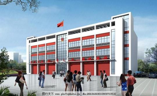 消防大楼效果图蓝天人物室内设计现代建筑消防大楼效果图设计素材