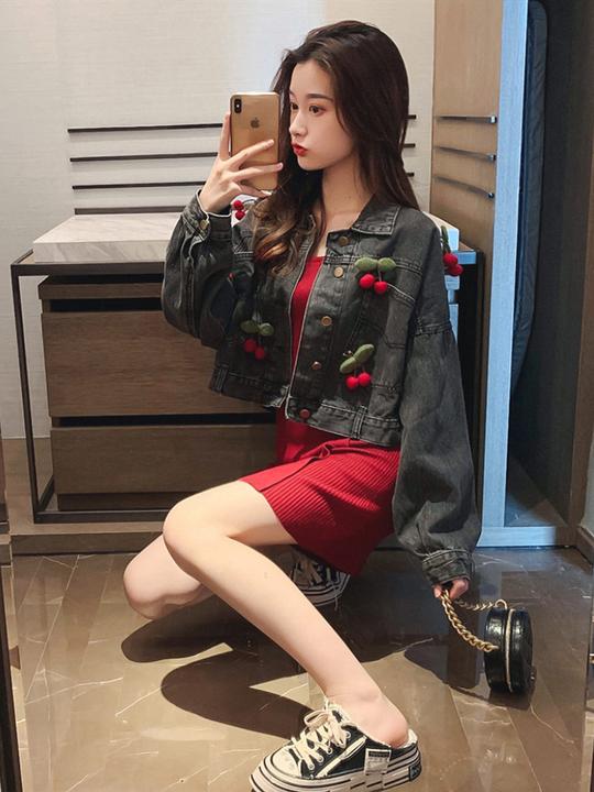 牛仔短外套女2019秋新款韩版可爱樱桃蝙蝠袖夹克衫宽松小个子上衣