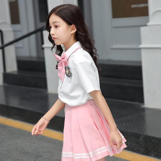 儿童jk制服粉色短裙日系学生班服学院风女生白衬衫百褶裙半身裙夏