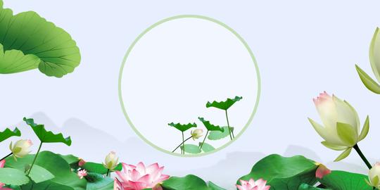 彩绘荷花绿叶夏至节气横版背景素材