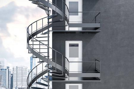 灰色建筑与螺旋灰色紧急出口楼梯。城市背景。3d渲染模拟图片