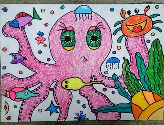 儿童画插画简笔画涂鸦卡通画壁纸素材蜡笔画章鱼