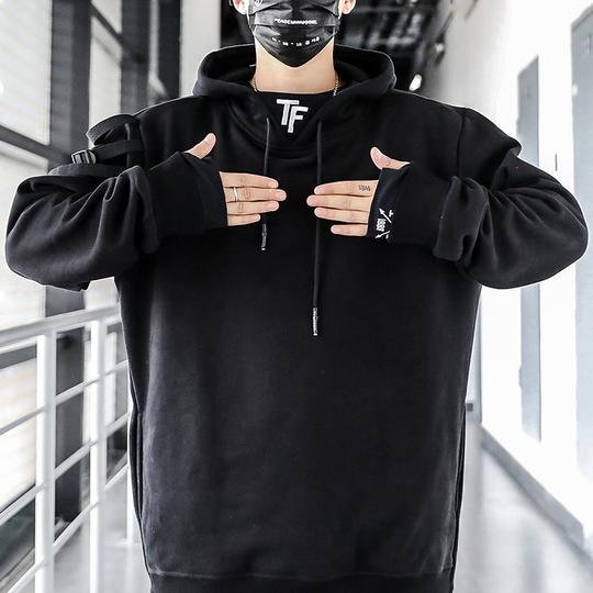 抖音网红恒源祥同款小码瘦子手套袖高领卫衣男ins修身显瘦港风连帽潮青少年上衣秋冬黑色(常规款)s