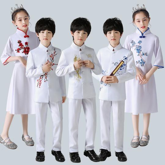 儿童民国中山装演出服装五四青年学生装男童大合唱朗诵红歌运动会