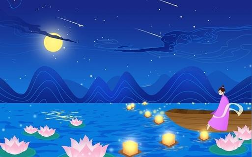 古风放河灯中元节原创插画素材