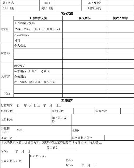 员工离职移交清单和工资结算