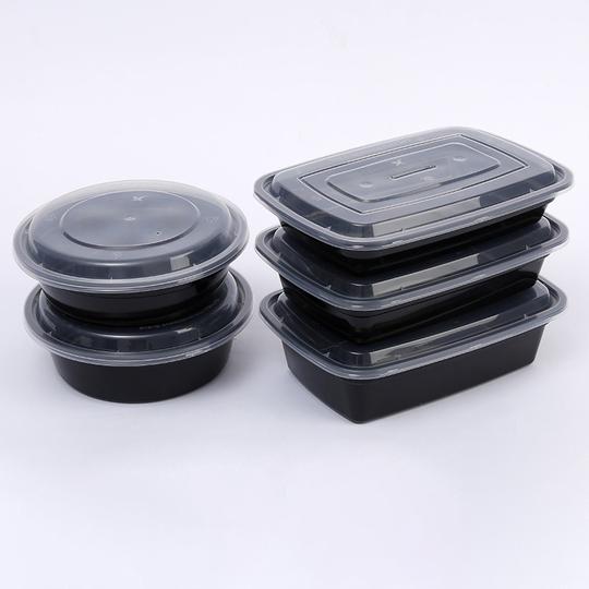 美式外卖打包盒黑色一次性pp塑料餐盒长方形圆形凸盖饭盒