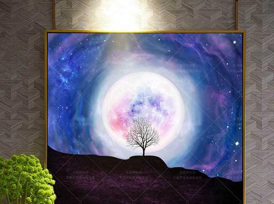 抽象装饰画>北欧现代简约抽象蓝星空月亮大树客厅装饰画素材图片