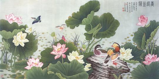 电视背景墙客厅卧室玄关绿色背景荷花鸳鸯戏水真丝布自粘壁画