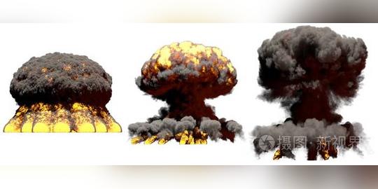 爆炸三维图-3个大的不同阶段火蘑菇云氢弹爆炸烟雾和火焰隔离在白色