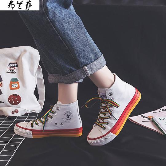 秋季高帮邦彩虹底步行蹭高帆布鞋女百搭校园风体育锻炼迃动板鞋潮