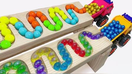 木头跑道和彩球、汽车玩具试玩，婴幼儿宝宝早教益智卡通游戏视频