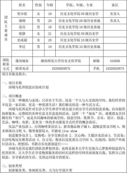 湖南师范大学第十届大学生创业计划竞赛项目意向书
