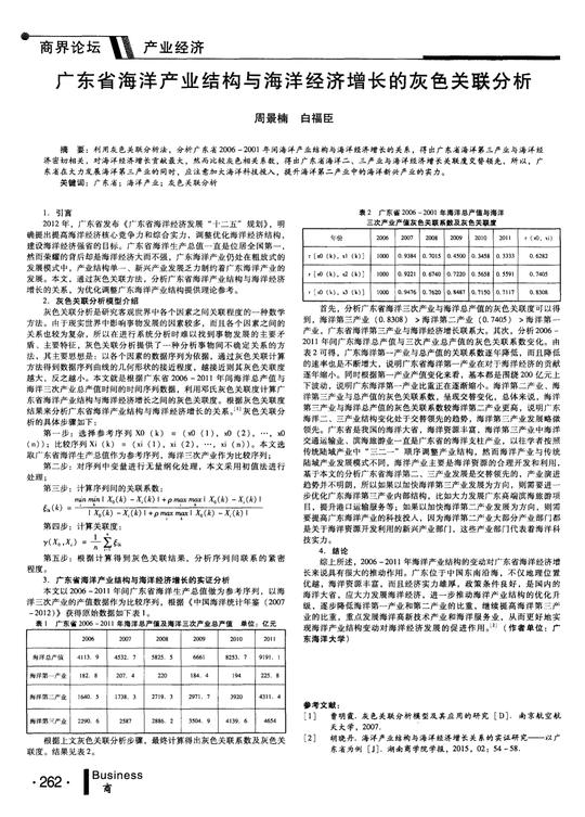 广东省海洋产业结构与海洋经济增长的灰色关联分析