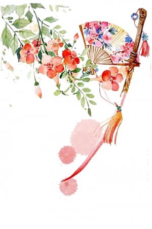 古风简洁唯美花瓣树枝扇子免扣透明背景素材