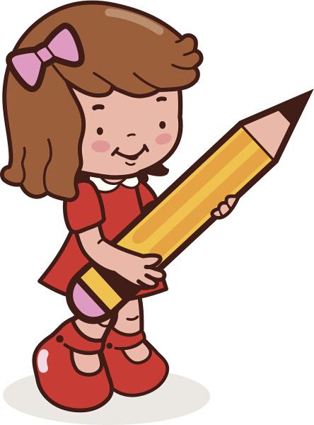 小女孩学生拿着一支大铅笔插画素材-图片id:100725098