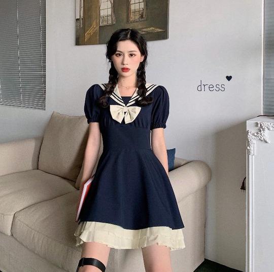 收腰流行少女jk制服法式连衣裙甜美显瘦短款气质裙子2019夏秋新款