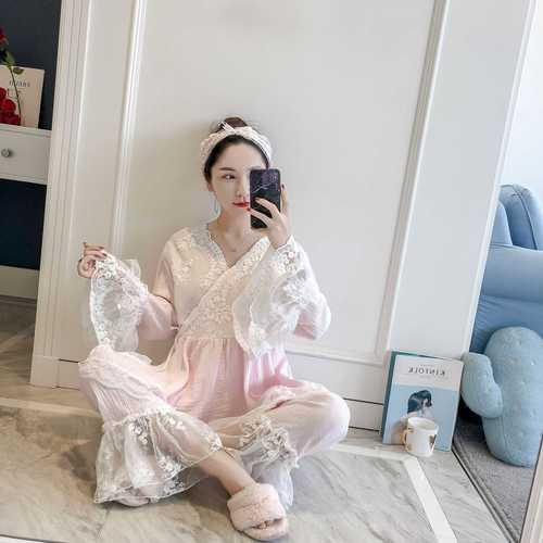 睡衣女纯棉春夏蕾丝宫廷风系腰带和服睡衣薄款夏天韩仙气汉服睡衣