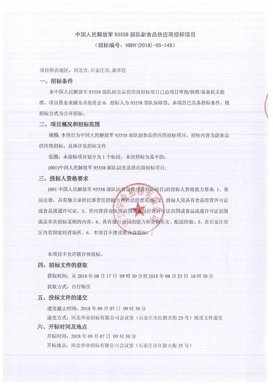 中国人民解放军93558部队副食品供应商招标项目