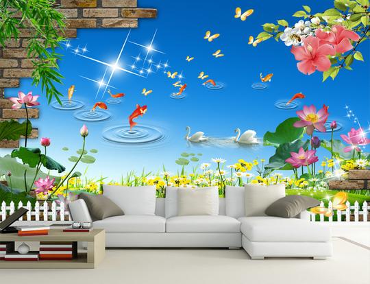 荷塘月色清新淡雅唯美风景背景墙壁画