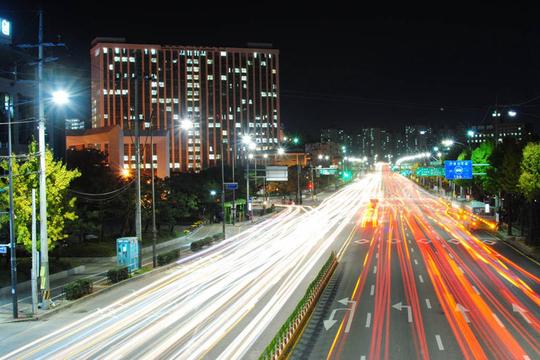 无人,横图,室外,夜晚,长时间曝光,城市,道路,建筑,街道,路,公路,韩国