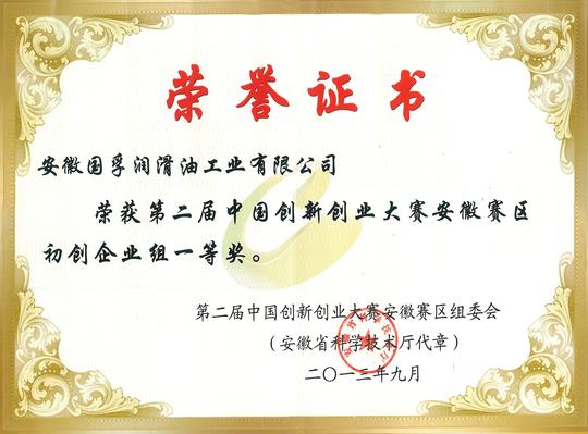 国孚公司中国创新创业大赛获奖证书
