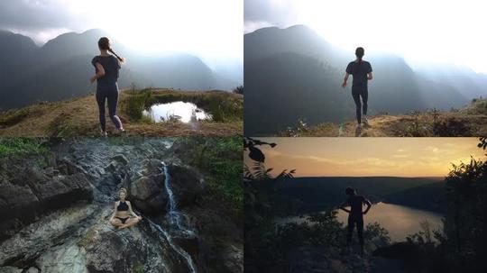 跑步瑜伽登山爬山运动脚步特写镜头视频素材