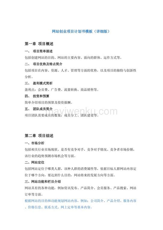 网站创业项目计划书模板详细版
