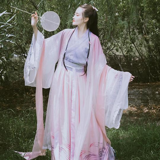 醉洛川汉服女正品原创齐腰襦裙全套日常古装粉色素衣白菜汉服整套