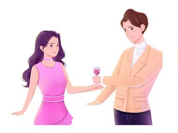 彩色手绘卡通浪漫情人节人物情侣喝酒元素png素材214情人节元素