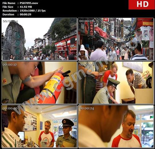 ps07095街道店铺消防员灭火器宣传册外国人高清实拍视频素材