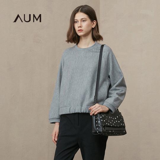 aum噢姆秋季新款灰色纯羊毛九分袖短款女士卫衣百搭高领上衣