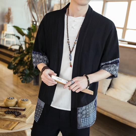 中国风外套男士薄款唐装复古日系日式夹克开衫碎花和服亚麻防晒衣