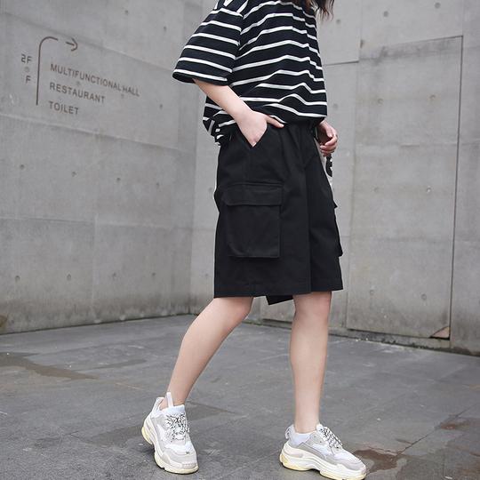 工装短裤女夏宽松直筒bf风中裤2019新款高腰港味ins潮运动五分裤外卖黑色【拉链款】s