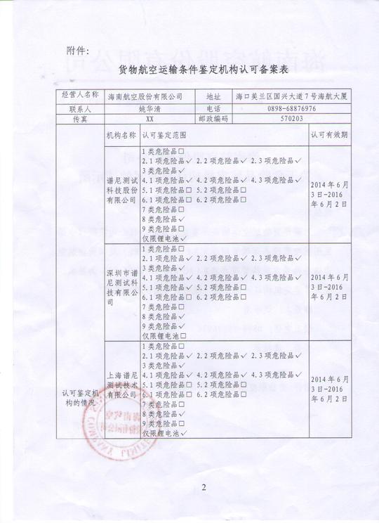 海南航空股份有限公司2014-7-8《货物航空运输条件鉴定机构认可备案表