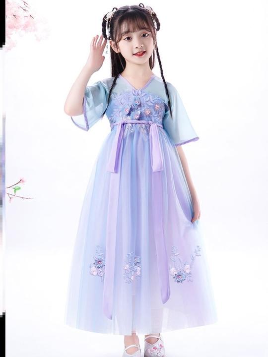 套唐仙气夏天童小轻女孩古代淡雅帅气学生蓝色国风紫色汉服女童