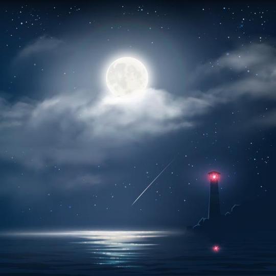 0点关键词:黑夜中的灯塔景色矢量素材,黑夜,夜色,天空,月亮,云朵