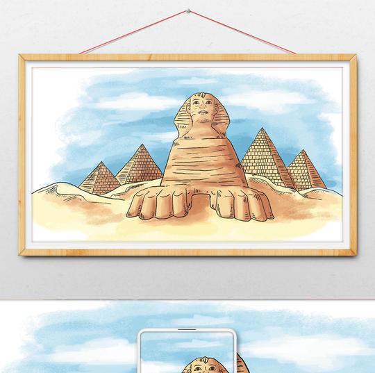 包图插画背景素材>手绘水彩古埃及狮身人面像金字塔插画上传