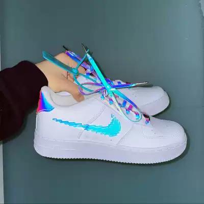适配airforce1lv8af1彩虹像素空军一号白镭射af1电玩反光鞋带