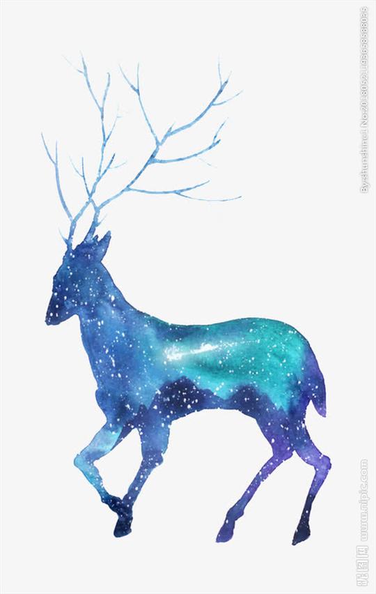 星空剪影手绘水彩鹿小动物素材图片