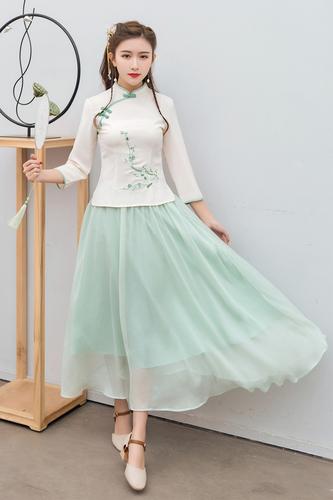 2019新款汉服中国风女装复古旗袍两件套学生装汉服改良连衣裙