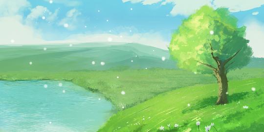 夏天海报背景夏天背景唯美手绘夏日夏天湖畔清新草原风景原创插画海报素材