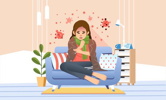 生病咳嗽发烧的女性人物客厅场景素材