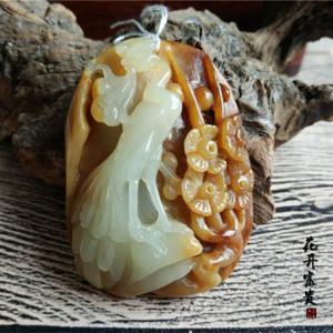 河磨玉凤凰梅花吊坠黄白老玉带皮玉坠新款颈饰品男女毛衣链坠礼品
