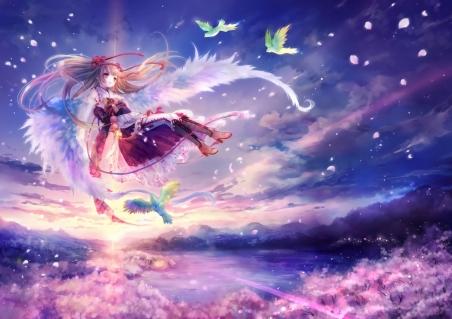 天空小女孩羽毛鸟儿唯美梦幻动漫风景6k壁纸