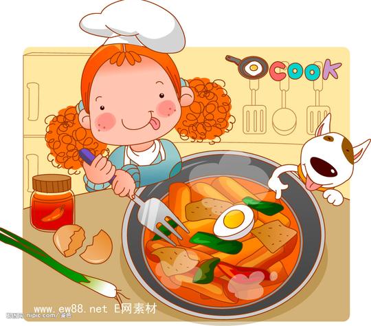 矢量儿童学做饭ai;吃火锅的胖女孩ai素材-儿童插画;矢量卡通