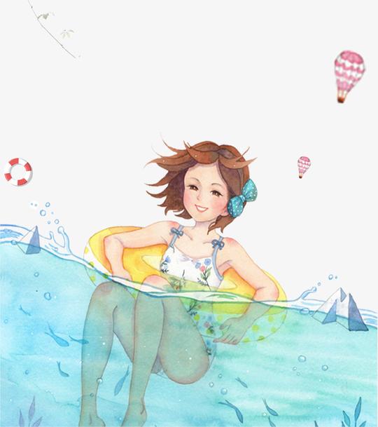 卡通手绘唯美少女游泳插画