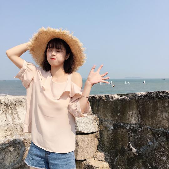 歌古妮夏季女装韩版宽松百搭一字荷叶领雪纺衫学生漏